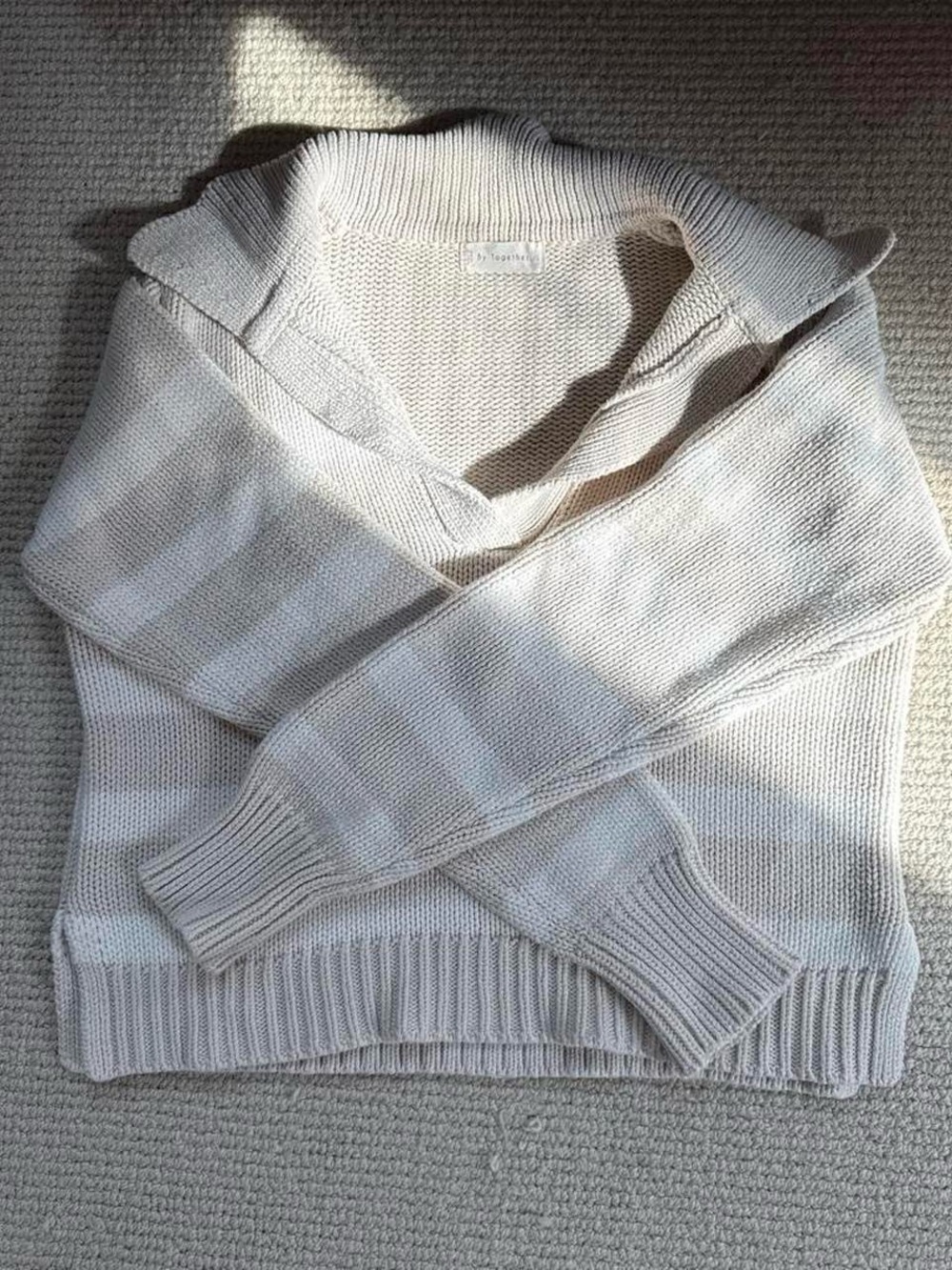 By Together Cream and Light Beige V-Neck Striped Sweater